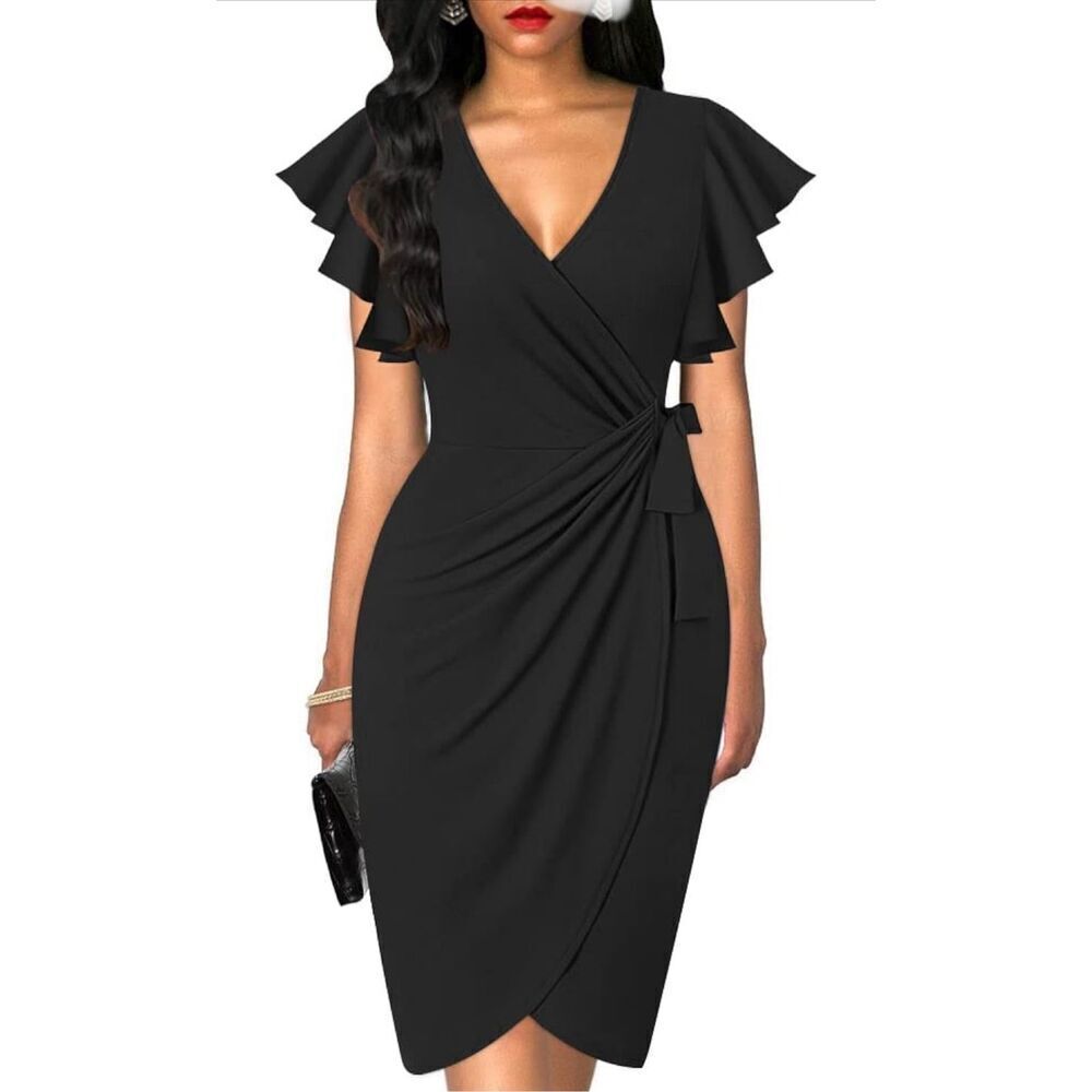 NEW Deep V Neck Sleeve Sheath Formal Slit Pencil Dress XL
